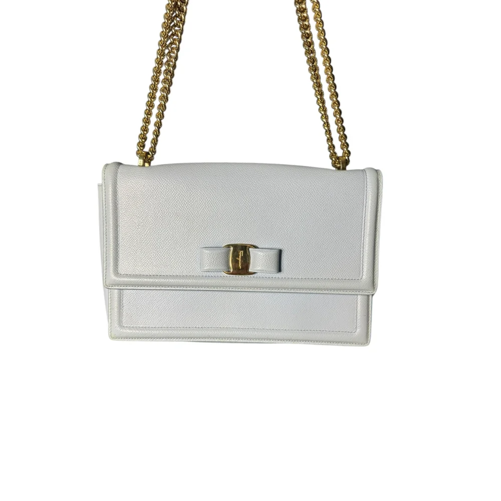 Salvatore Ferragamo Ginny Vara Bow Embossed Pale Blue Pebble Calfskin Flap Bag - Picture 8 of 15